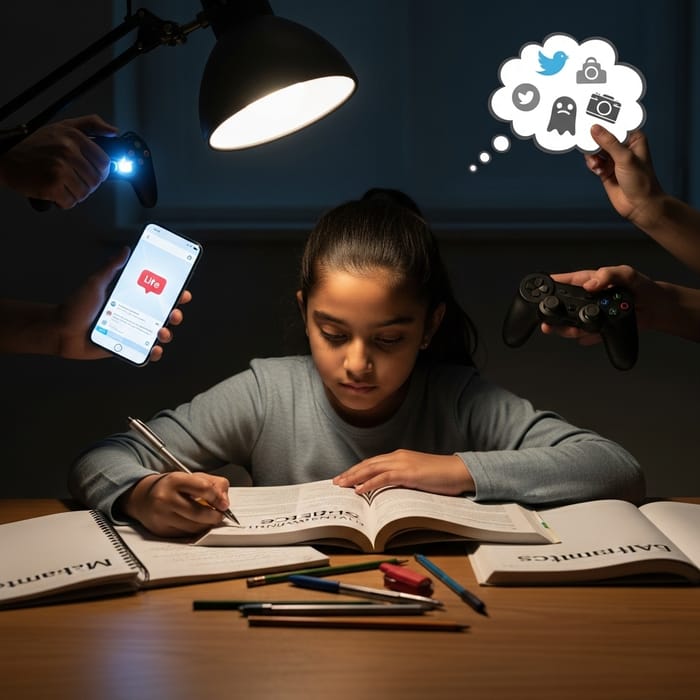 Determined Girl Focused on Studies Despite Distractions
