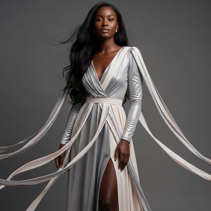 Refined Grace: Serene Woman in Shimmering Silver and Cream Dress Refined Grace: Serene Woman in Shimmering Silver and Cream Dress