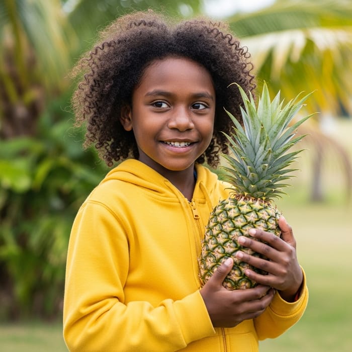Sweet Melanesian Girl Holding Pineapple in Yellow Hoodie Sweet Melanesian Girl Holding Pineapple in Yellow Hoodie