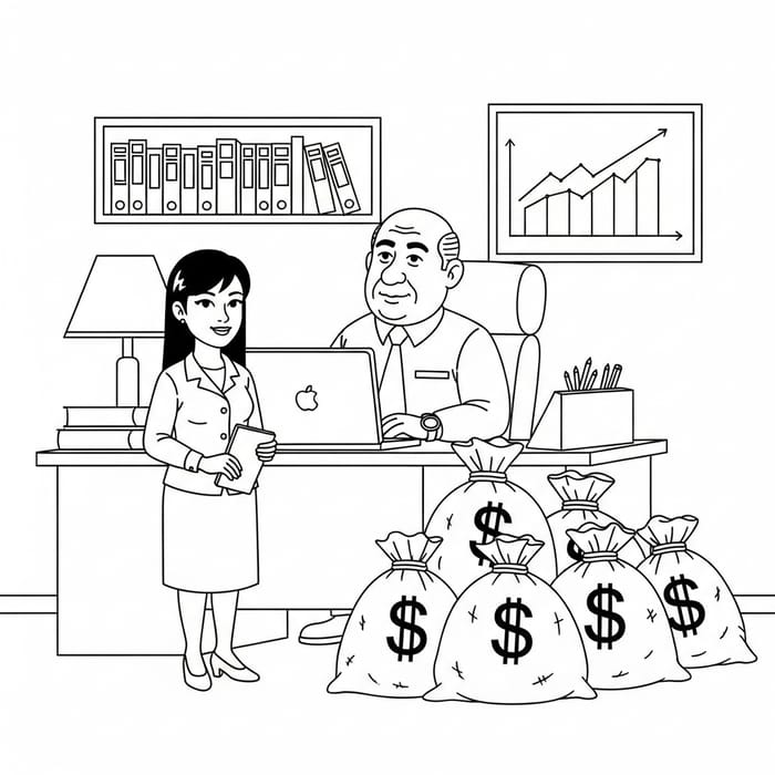 Office Boss and Secretary in Line-Drawn Black and White Cartoon