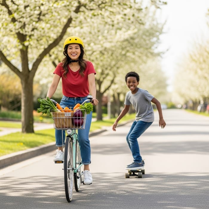 Asian Woman and Boy Enjoying Bicycle Ride on Sunny Suburban Street Asian Woman and Boy Enjoying Bicycle Ride on Sunny Suburban Street