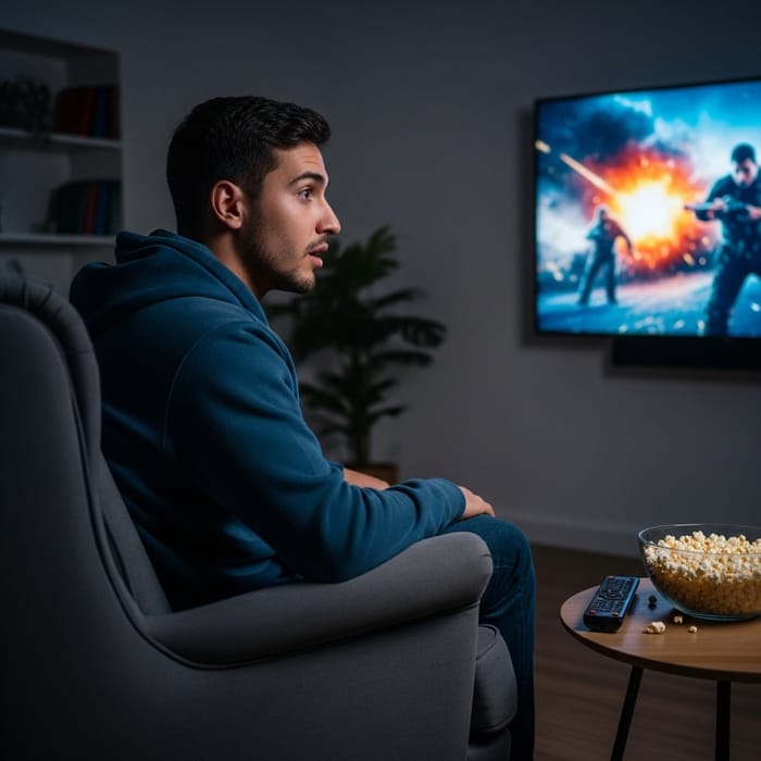 Hispanic Man Engrossed in Movie in Comfortable Armchair Hispanic Man Engrossed in Movie in Comfortable Armchair