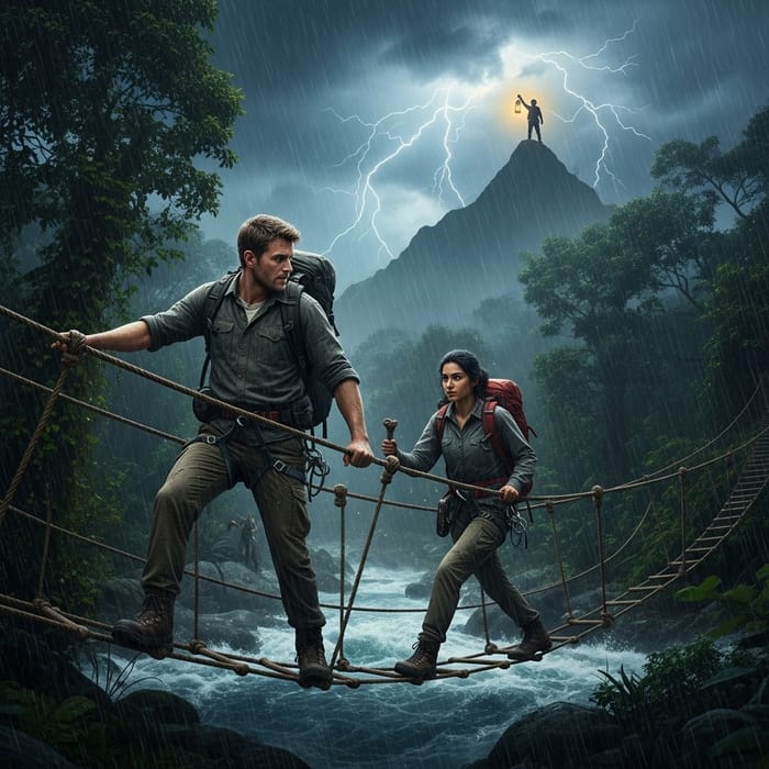 Inspiring Adventure: Courageous Hikers Cross Jungle Storm Inspiring Adventure: Courageous Hikers Cross Jungle Storm