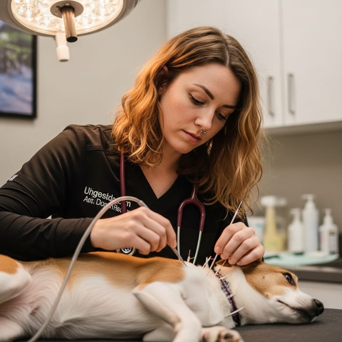Female Veterinarian Performing Acupuncture on Calm Pet in Serene Environment Female Veterinarian Performing Acupuncture on Calm Pet in Serene Environment