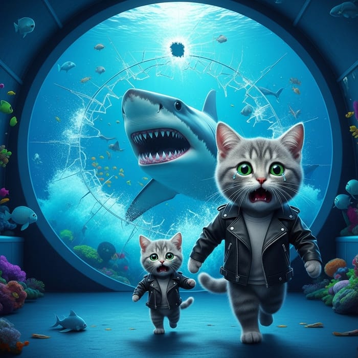 Shark Shattering Aquarium Glass: Grey Cat & Kitten in Chaos Shark Shattering Aquarium Glass: Grey Cat & Kitten in Chaos