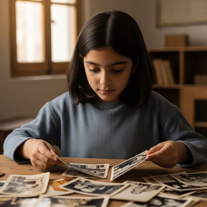 Arabic Girl Viewing Old Pictures: Nostalgic Moments