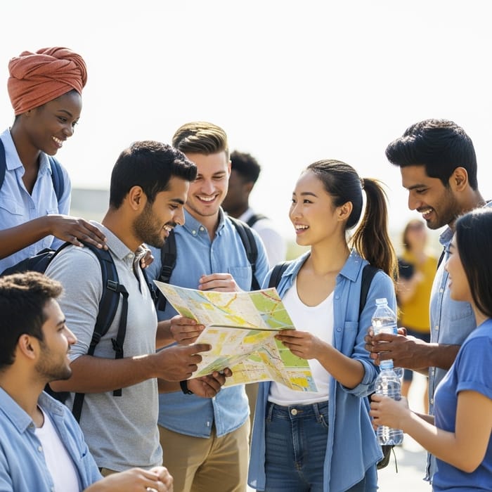 Diverse Group Actively Assisting Each Other Outdoors
