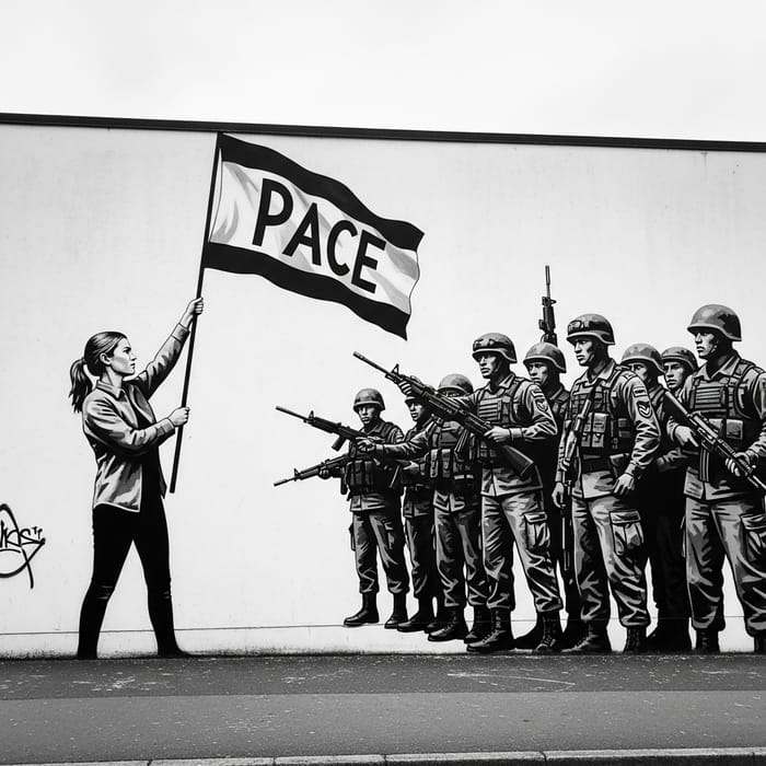 Powerful Mural: Lady with Peace Flag Confronts Military Powerful Mural: Lady with Peace Flag Confronts Military
