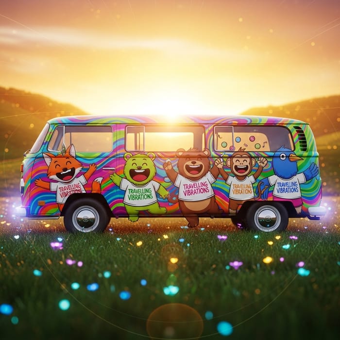 Vibrant Cartoon Van with Happy Characters Vibrant Cartoon Van with Happy Characters