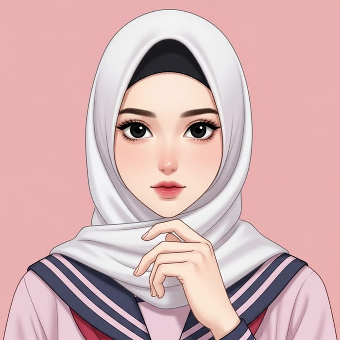 Beautiful Hijabi Girl with Black Eyes in Pink School Uniform