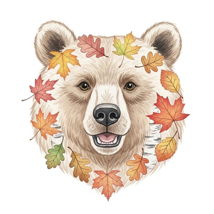 Cute Bear Head Watercolor with Leaves Print for Children