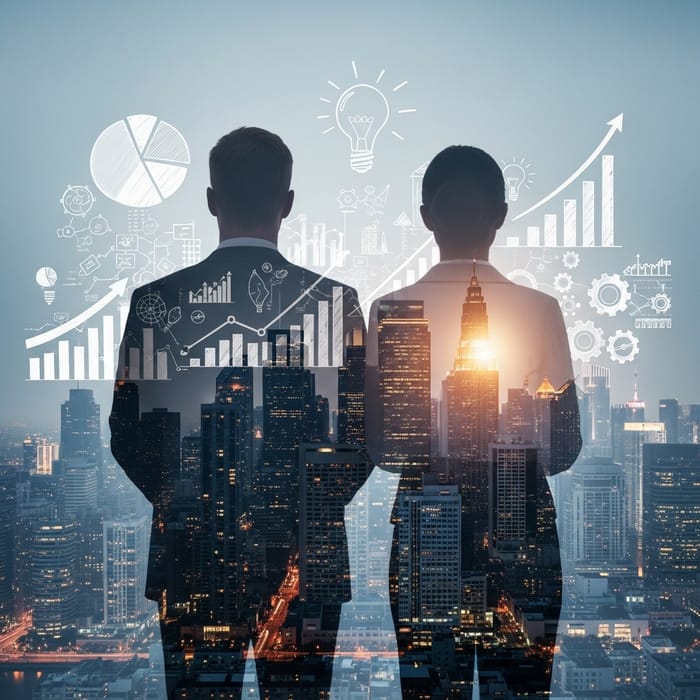 Business Man and Woman in Urban Landscape with Innovative Business Charts Business Man and Woman in Urban Landscape with Innovative Business Charts