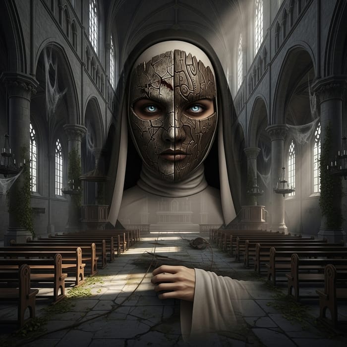 Ominous Nun with Piercing Stare in Deserted Church Ominous Nun with Piercing Stare in Deserted Church