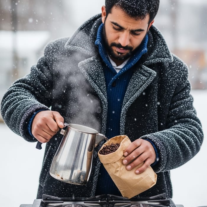 Man at Coffee Station in Winter Man at Coffee Station in Winter