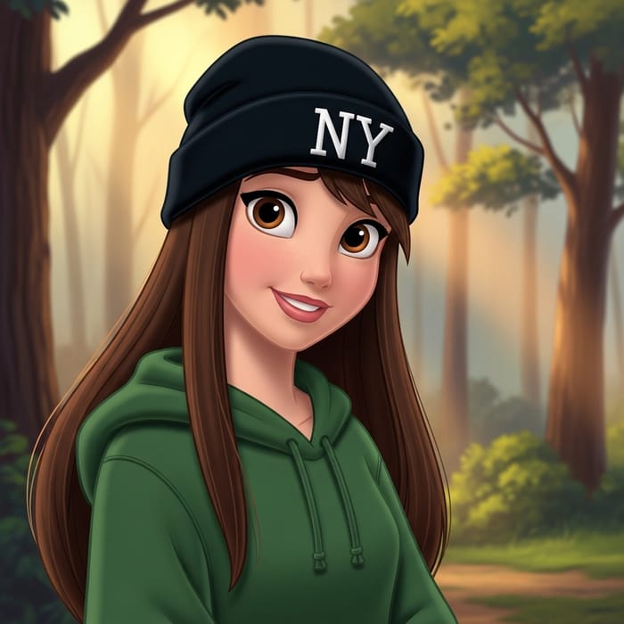 Disney Princess with Brown Eyes and Dark Brown Hair in Green Sweatshirt Disney Princess with Brown Eyes and Dark Brown Hair in Green Sweatshirt