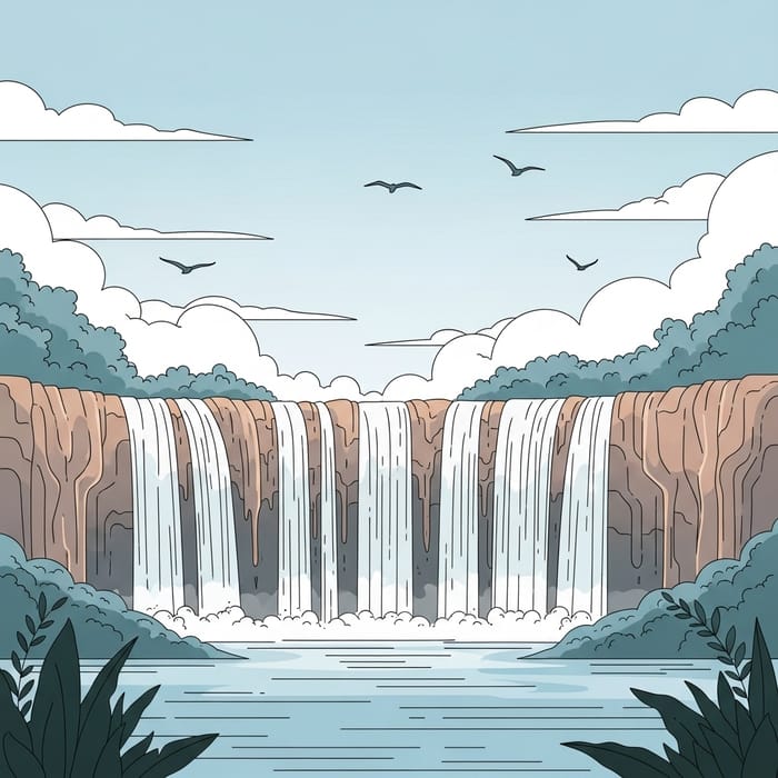 Tranquil Waterfalls & Birds in Minimalist Art Style