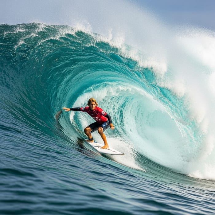 Adrenaline Adventure: Surfer with Golden Locks Riding Ocean Wave Adrenaline Adventure: Surfer with Golden Locks Riding Ocean Wave