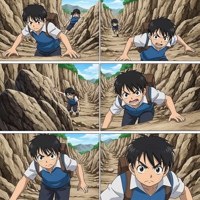 Courageous Young Boy Navigating Challenging Trail - Anime Adventure Courageous Young Boy Navigating Challenging Trail - Anime Adventure