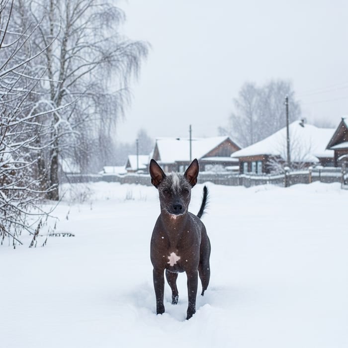 Xoloitzcuintli in Snowy Russian Landscape: A Unique Sight