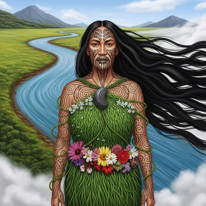 Papatuanuku Mother Earth with River Hair & Native Flora Dress Papatuanuku Mother Earth with River Hair & Native Flora Dress