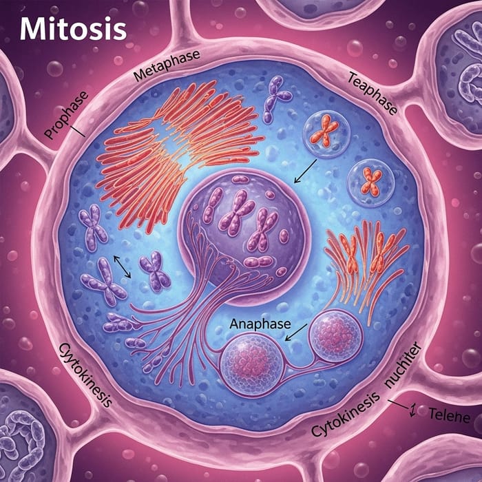 Vibrant Mitosis Scientific Illustration with Dynamic Cell Division Stages