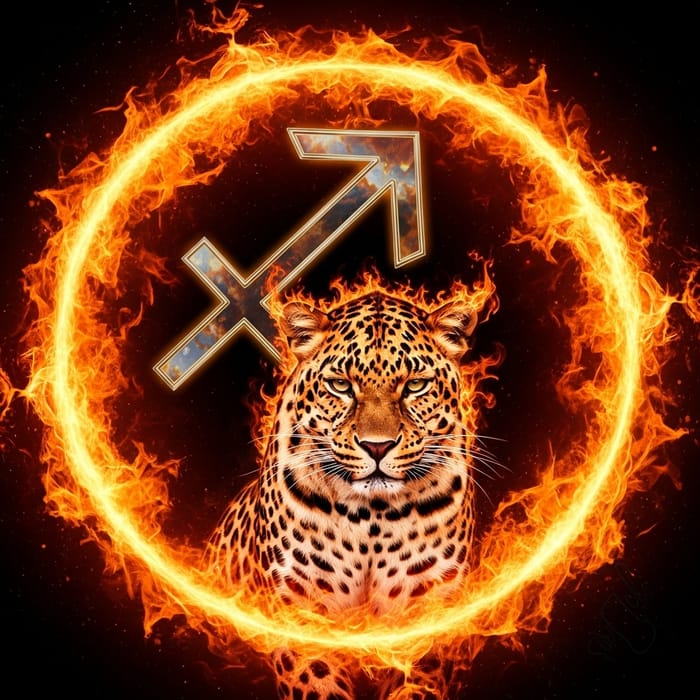 Dynamic Leopard Surrounded by Blazing Flames and Sagittarius Symbol Dynamic Leopard Surrounded by Blazing Flames and Sagittarius Symbol