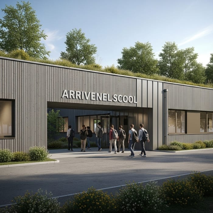 Modern School Design with Vertical Gray Wood Facade and Green Roof Modern School Design with Vertical Gray Wood Facade and Green Roof
