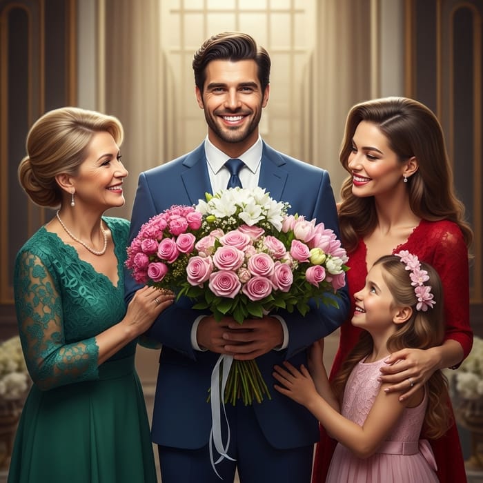 Elegant Family Portrait - Smiling Man in Suit with Bouquets Elegant Family Portrait - Smiling Man in Suit with Bouquets