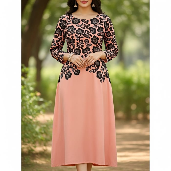 Full Sleeve Midi Dress - Black Floral & Peach Design Full Sleeve Midi Dress - Black Floral & Peach Design