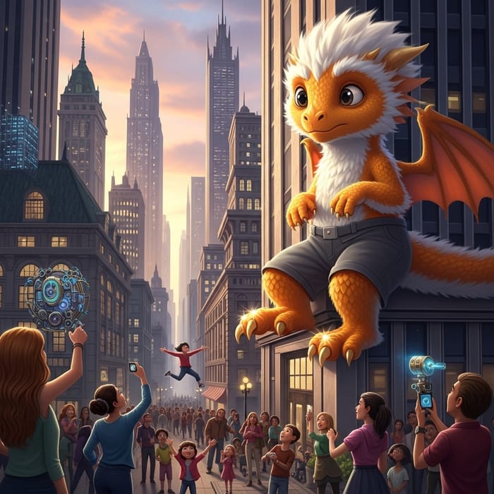 Gigantic Orange Furry Kid Dragon in Urban City | Stunning Scene