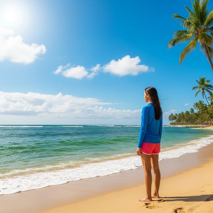 Hispanic Teenage Girl On Beach | Sunny Day Scene Hispanic Teenage Girl On Beach | Sunny Day Scene