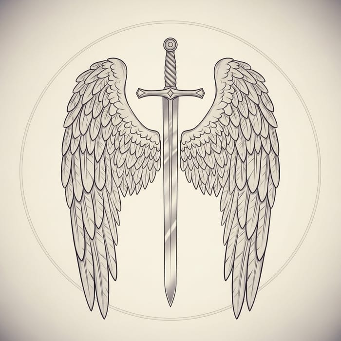 Guild Emblem with Vertical Sword and Angelic Wings in Watermark Style