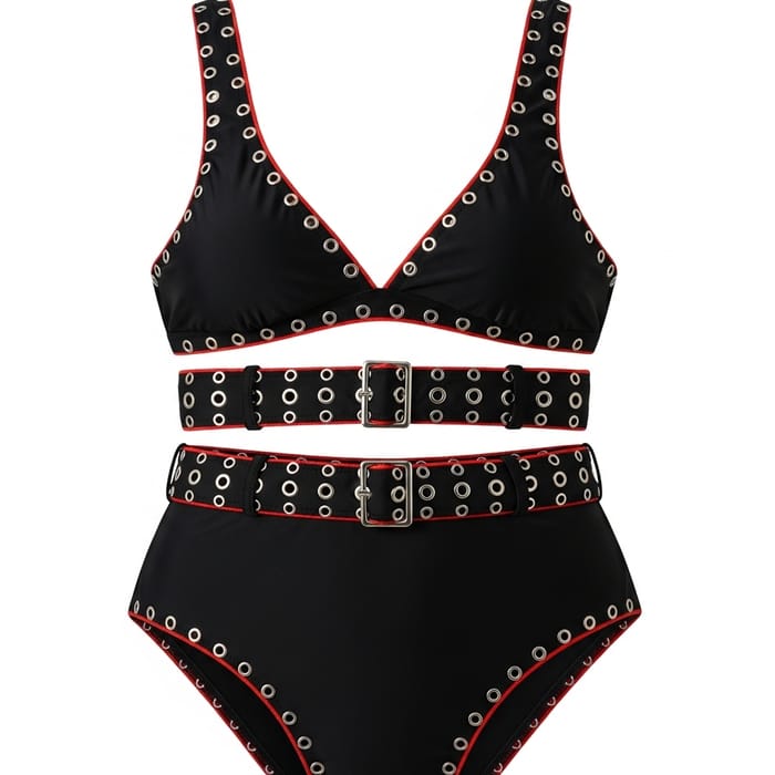 Black Women's Two-Piece Beachsuit with Matching Eyelet Border Black Women's Two-Piece Beachsuit with Matching Eyelet Border