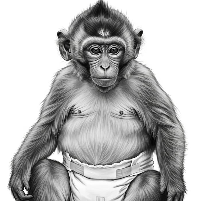 Adorable Chubby Monkey with Diaper - Black and White