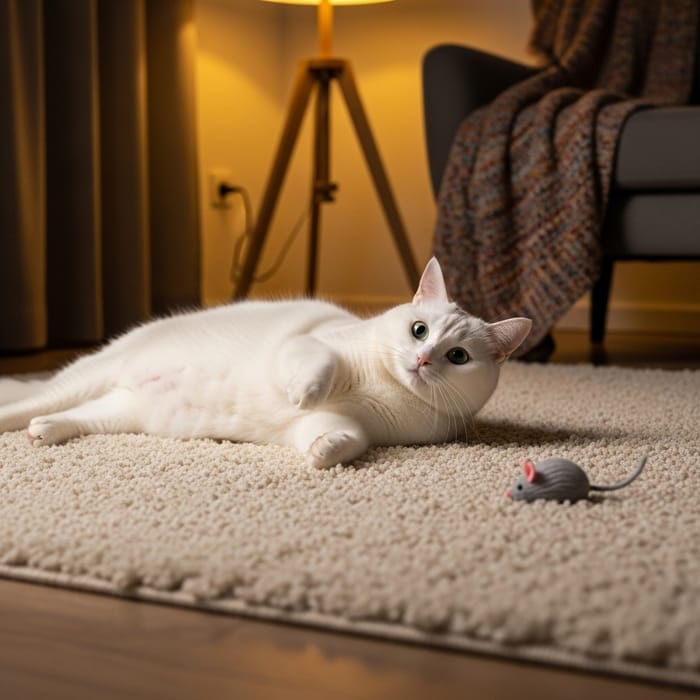 Adorable Chubby White Cat on Fluffy Rug