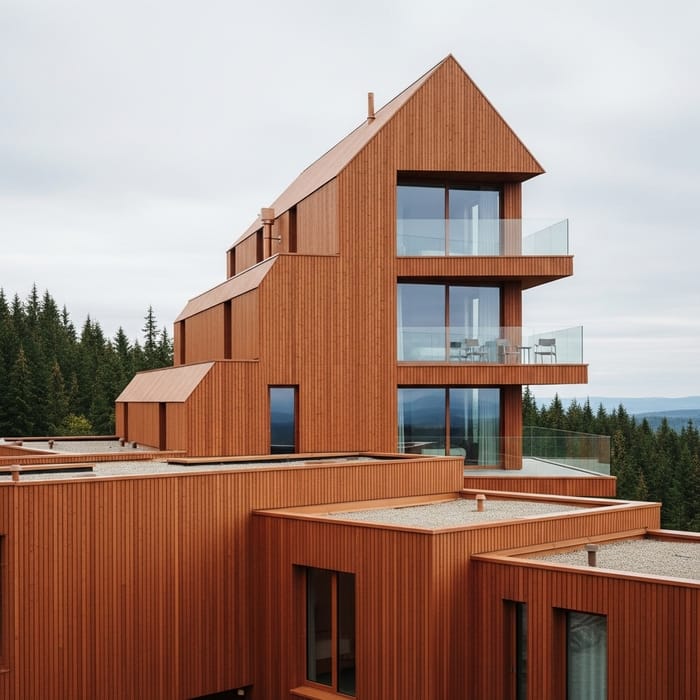 Modern Red Cedar Hotel Residence with Tiered Gable Roof and Pine Trees Modern Red Cedar Hotel Residence with Tiered Gable Roof and Pine Trees