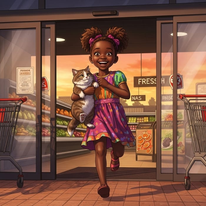 African Girl Running from Supermarket with Fluffy Cat African Girl Running from Supermarket with Fluffy Cat