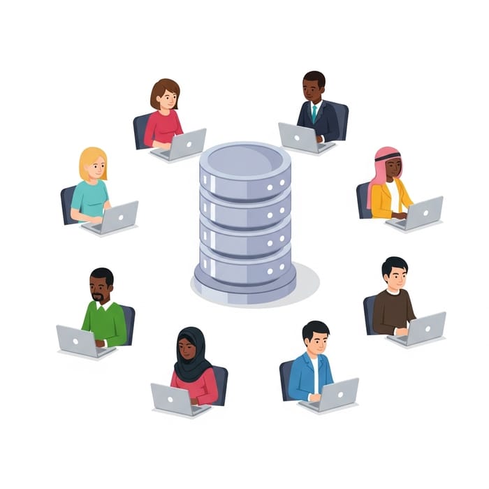 Diverse Individuals Engaging with Database Illustration Diverse Individuals Engaging with Database Illustration