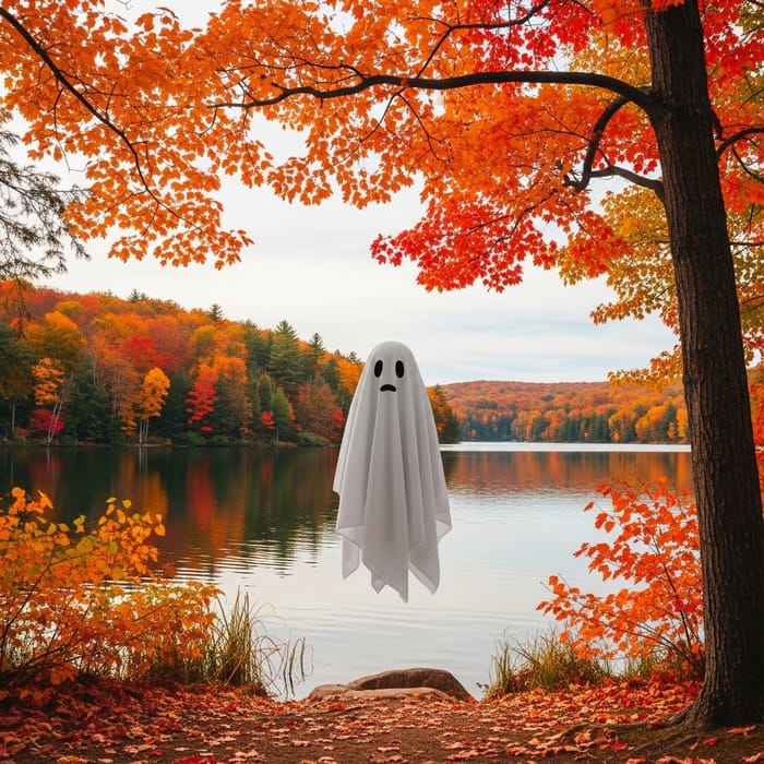 Captivating Ghost Overlooking Serene Autumn Lake
