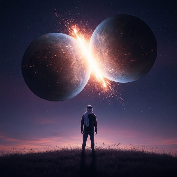 Stunning Cosmic Collision on Grassy Hill at Night Stunning Cosmic Collision on Grassy Hill at Night