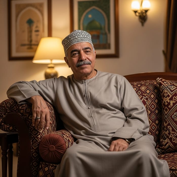 Stylish 60-Year-Old Man in Islamic Attire Relaxing on Sofa Stylish 60-Year-Old Man in Islamic Attire Relaxing on Sofa