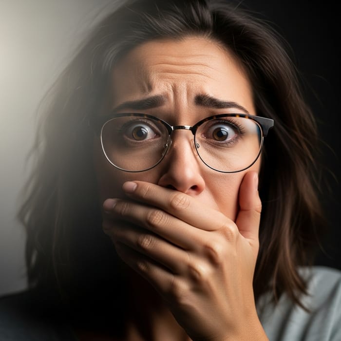 Mixed-Race Woman Looking Startled with Hand over Mouth Mixed-Race Woman Looking Startled with Hand over Mouth