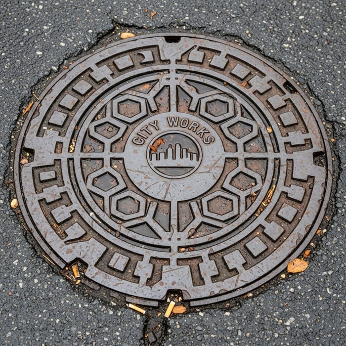 Frozen City Street Manhole Cover | Markings & Wear Patterns Frozen City Street Manhole Cover | Markings & Wear Patterns