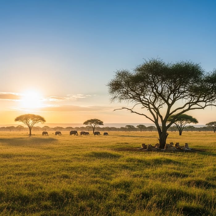 Breathtaking Savannah Landscape: Elephants, Lions & Acacia Trees Breathtaking Savannah Landscape: Elephants, Lions & Acacia Trees