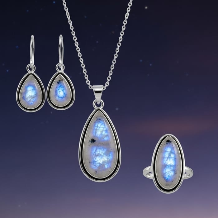 Capture Moonstone Silver Set Jewelry with Night Sky Background Capture Moonstone Silver Set Jewelry with Night Sky Background