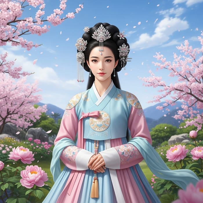 Beautiful East Asian Woman in Traditional Attire - Tranquil Garden Setting Beautiful East Asian Woman in Traditional Attire - Tranquil Garden Setting