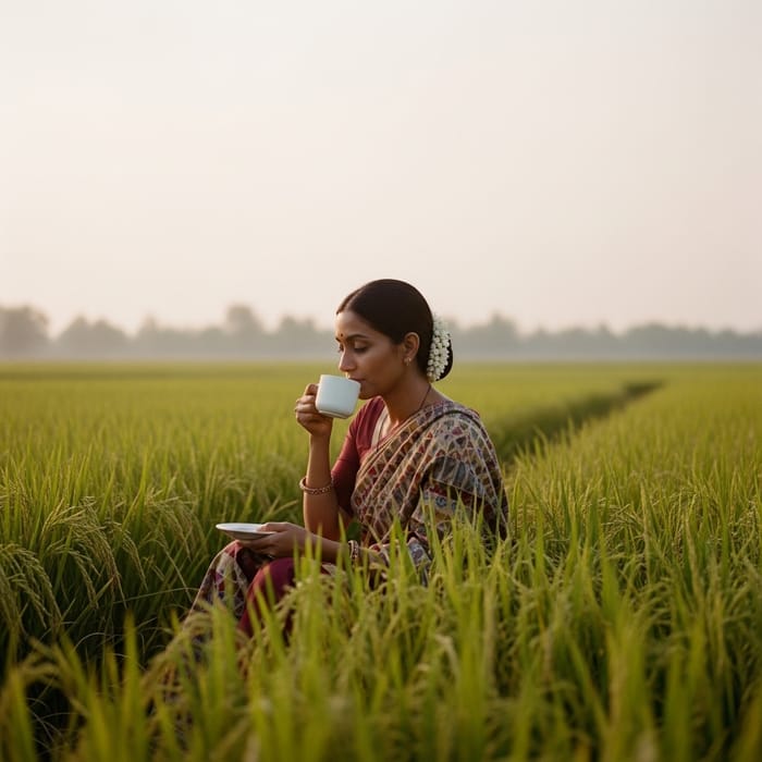 Dreamy Woman Sipping Coffee in Nature-Inspired Rice Field