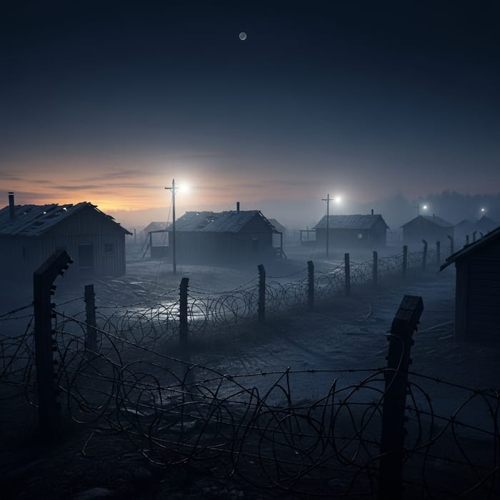 Bleak Abandoned Prison Camp under Twilight | Distressing Shadow