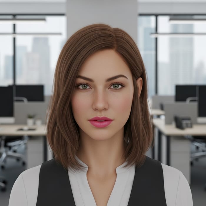 Realistic 25-Year-Old Woman with Chestnut Hair in Office