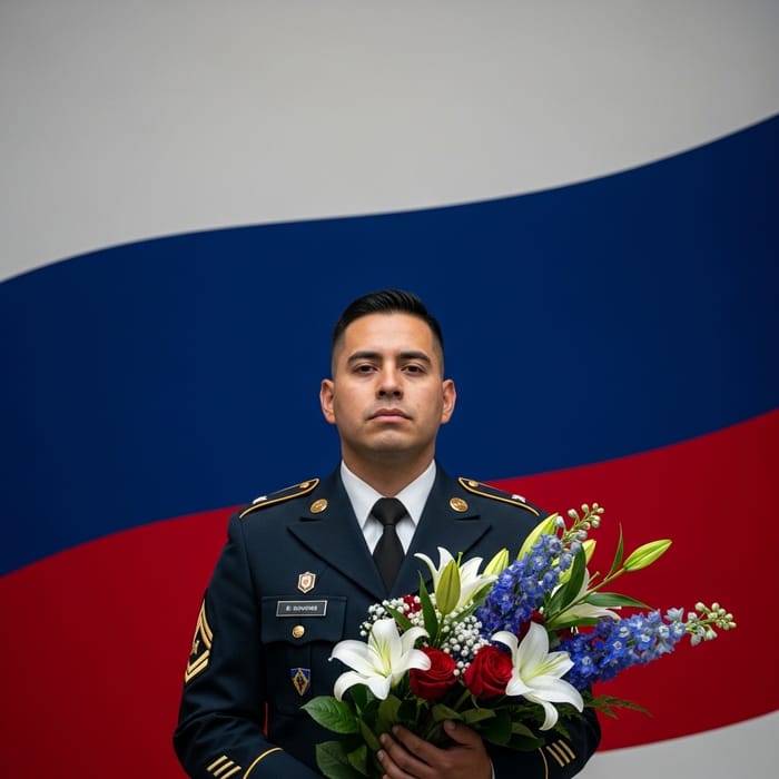 Soldier with Flowers | Russian Flag Background
